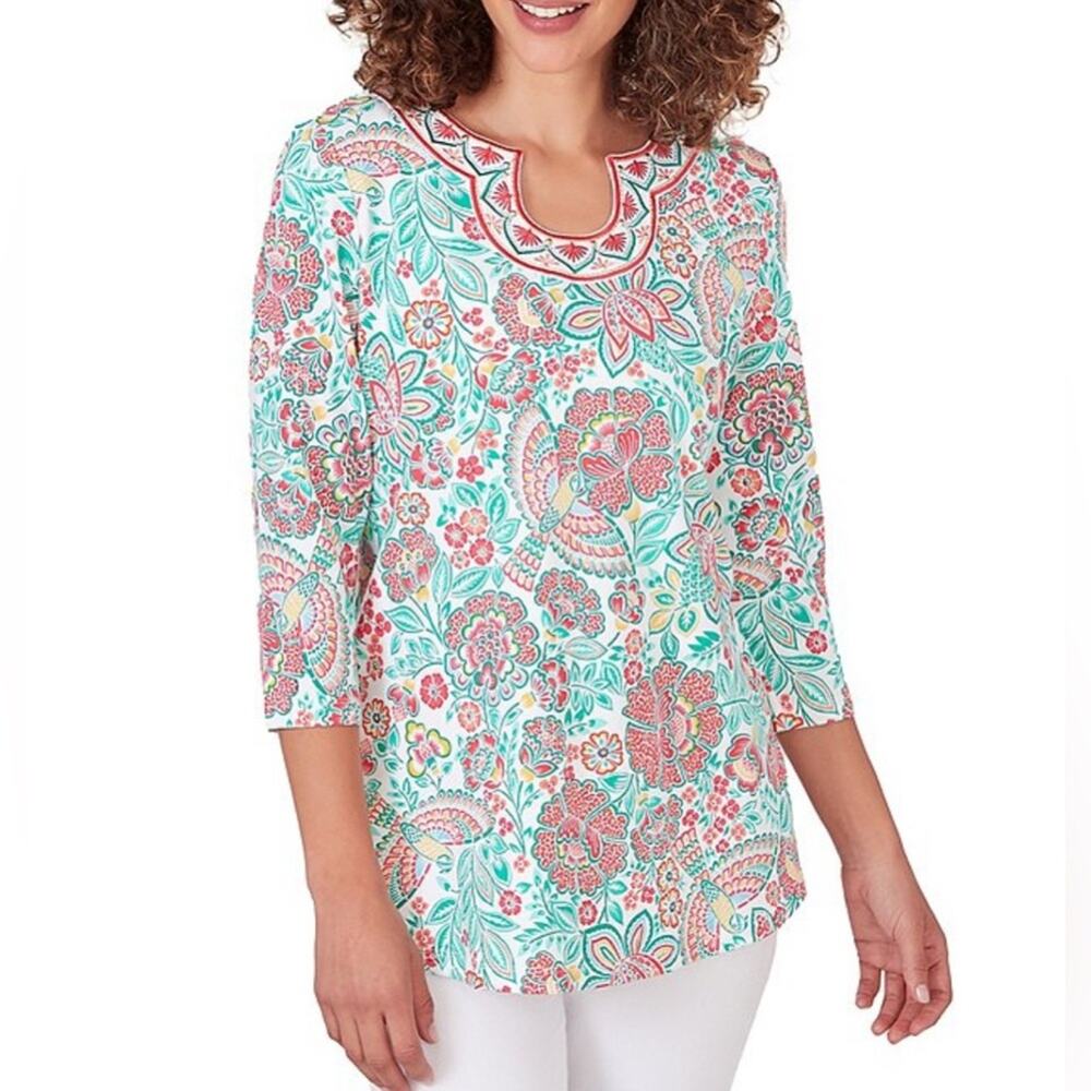Ruby Rd. Knit Embroidered Rainforest Parrot Horseshoe Neck 3/4 Slv Top 3X